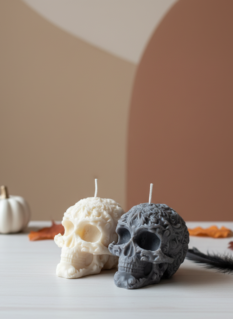 Floral Skull Sculpture Candle – Hand-Poured Soy Wax | Ivory & Gray
