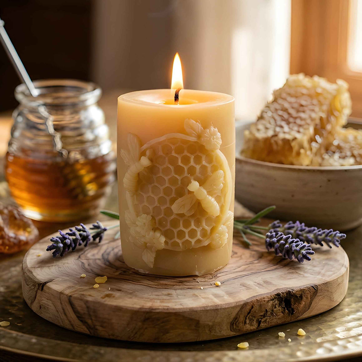 Golden Hivelet Beeswax Pillar Candle Beehive Inspired