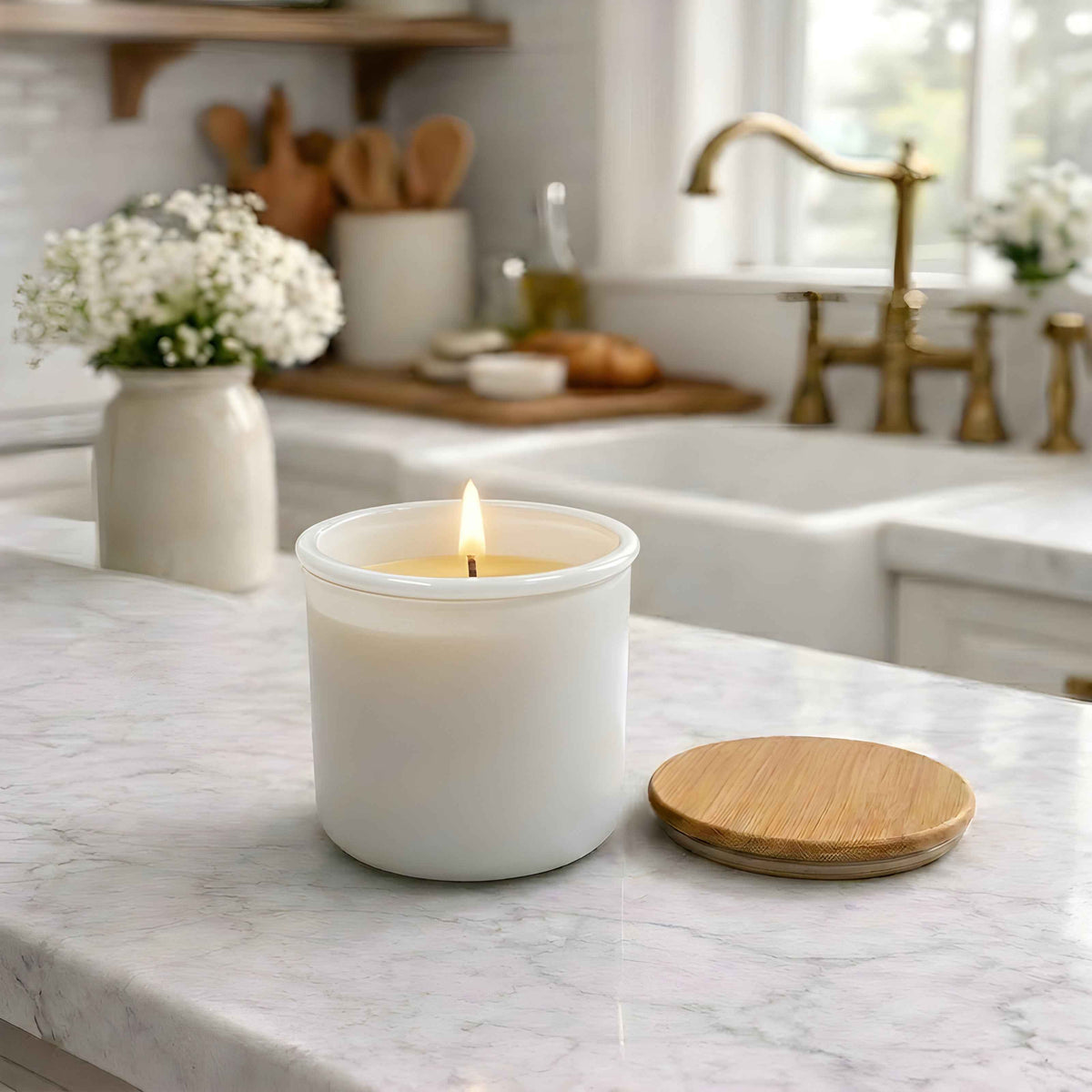 Beeswax Candle Poured in USA in 10 oz White Colored Recycled Spanish Glass Jar with Bamboo Lid