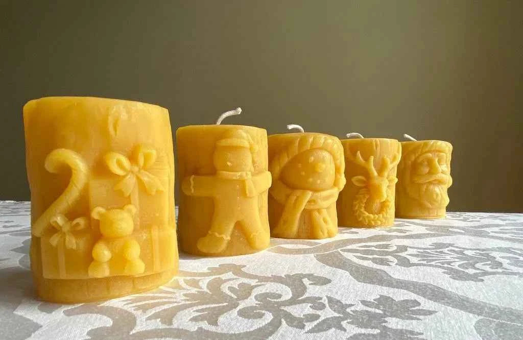 Christmas Beeswax Pillar Candles Santa Snowman Reindeer Gingerbread Holiday Gifts